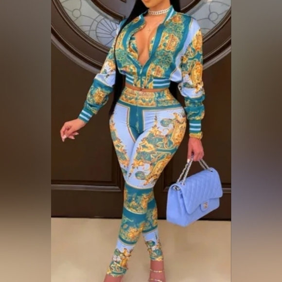 NWT Green Casual Print Long Sleeve Two Pieces Set - Picture 1 of 3